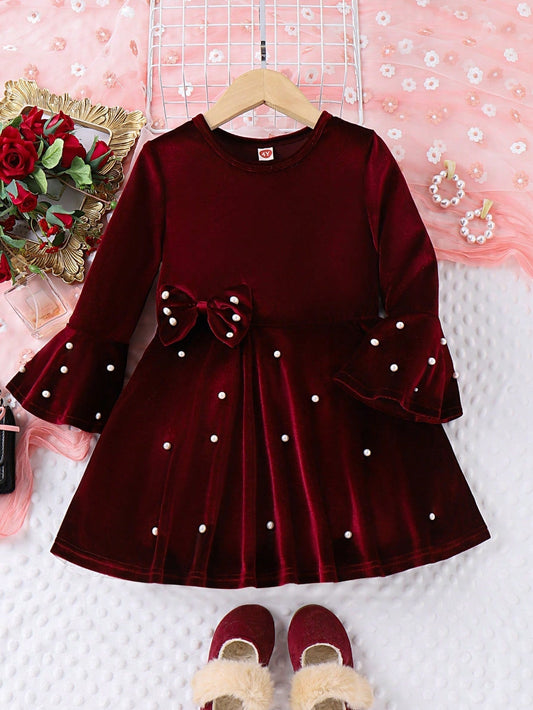 SHEIN Kids CHARMNG Young Girl Pearls Beaded Bow Front Flounce Sleeve Dress