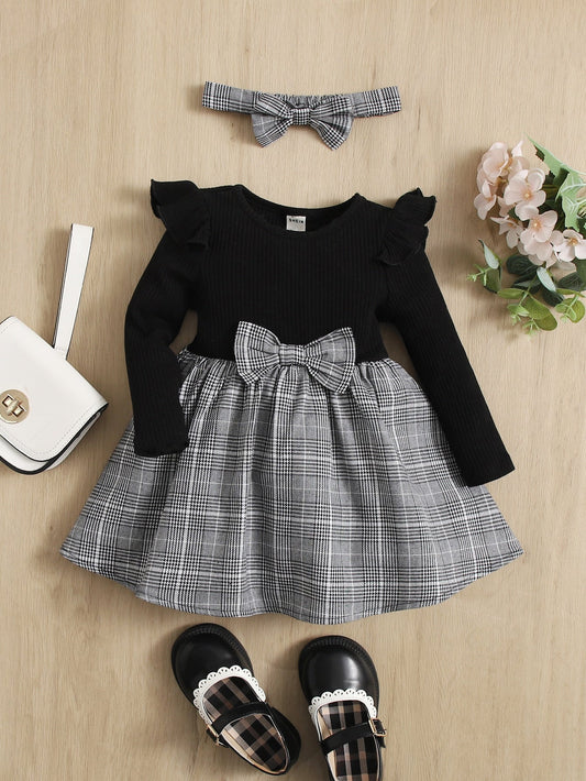 SHEIN Baby Girl Plaid Print Ruffle Trim Bow Front Dress with Headband