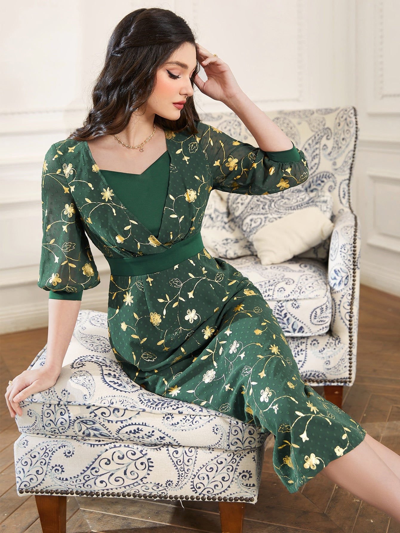 SHEIN Najma Floral Print Lantern Sleeve Split Back Dress