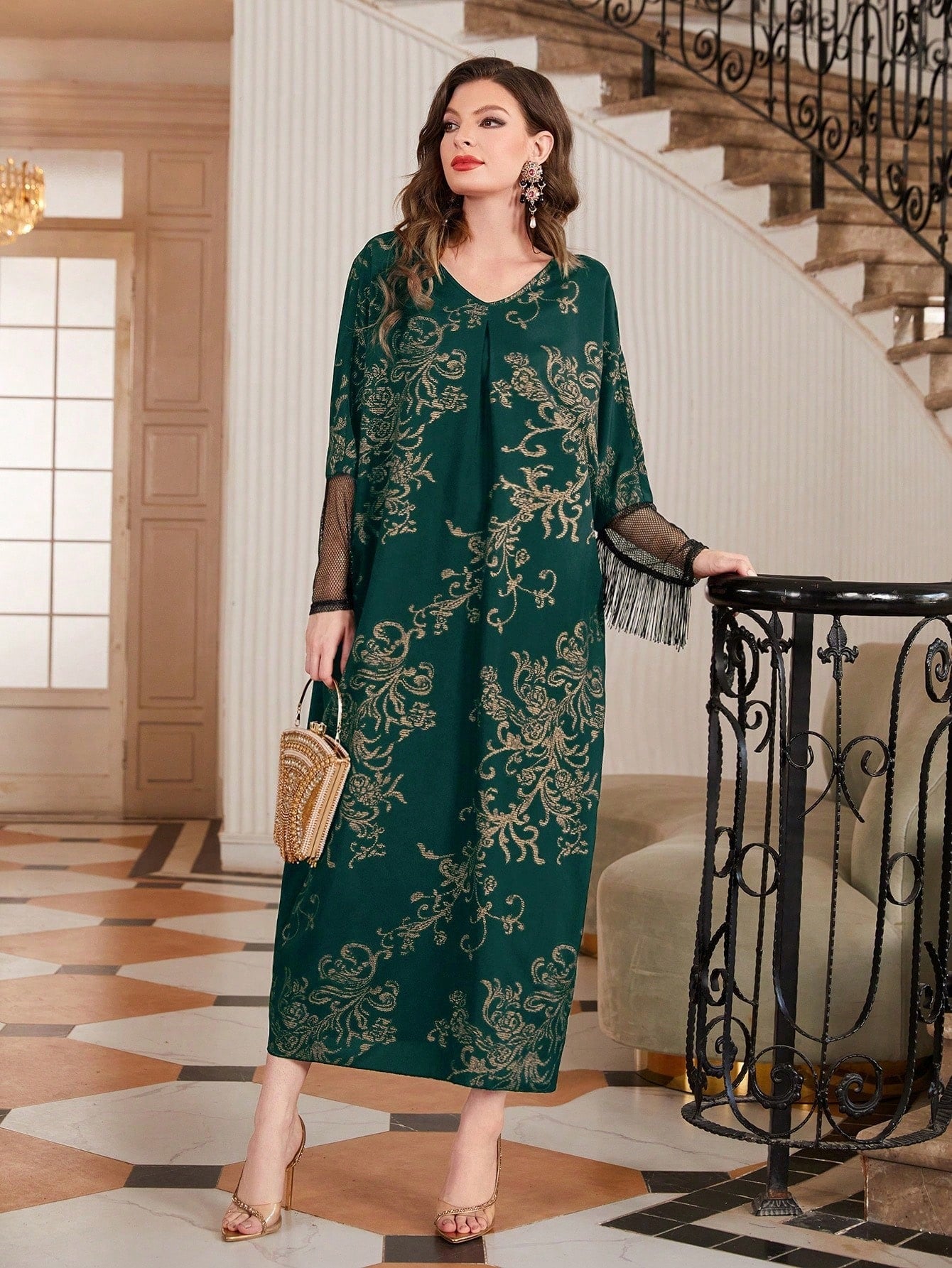 SHEIN Najma Women'S Flower Pattern Printed Patchwork Mesh Fringed Sleeve Cuff Turkish Long Shirt