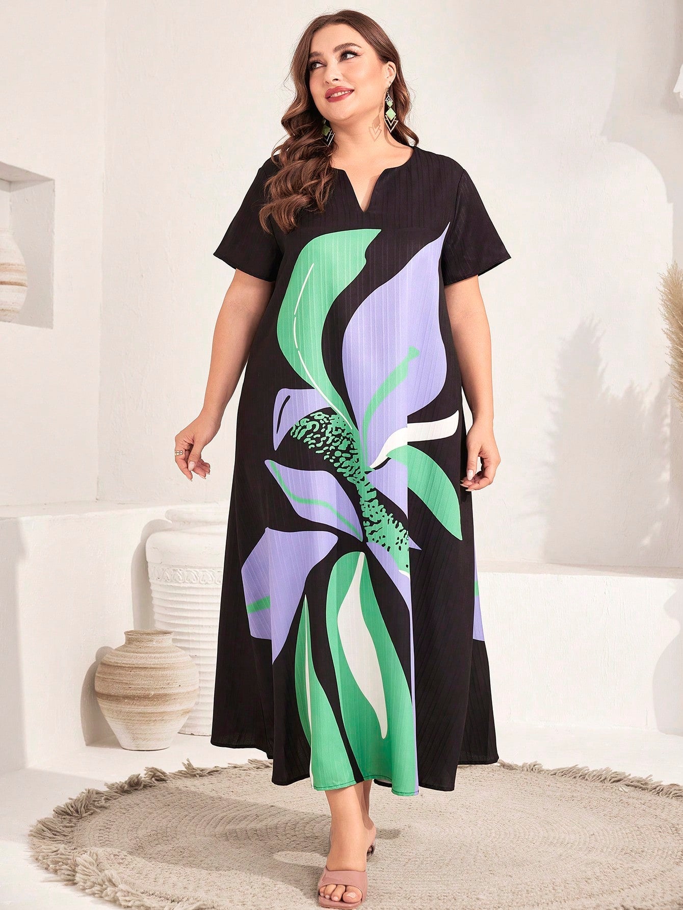 SHEIN Najma plus Floral Print Notched Neckline Dress