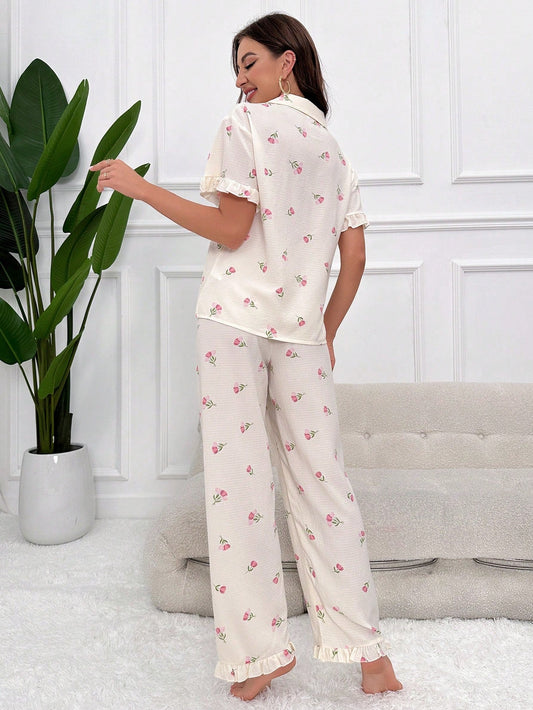 Floral Print Ruffle Trim PJ Set