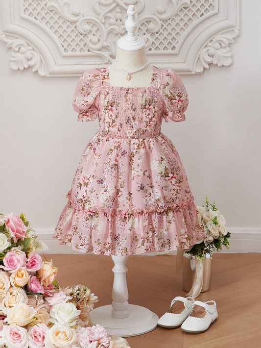 SHEIN Kids SUNSHNE Young Girl Pink Lotus Printed Romantic Holiday Dress with Square Neckline and Puff Sleeves, Summer