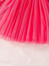 SHEIN Kids CHARMNG Little Girls' Romantic Mesh Spliced Heartheart & Letter Print Dress with Oversized Bow, Spring & Autumn