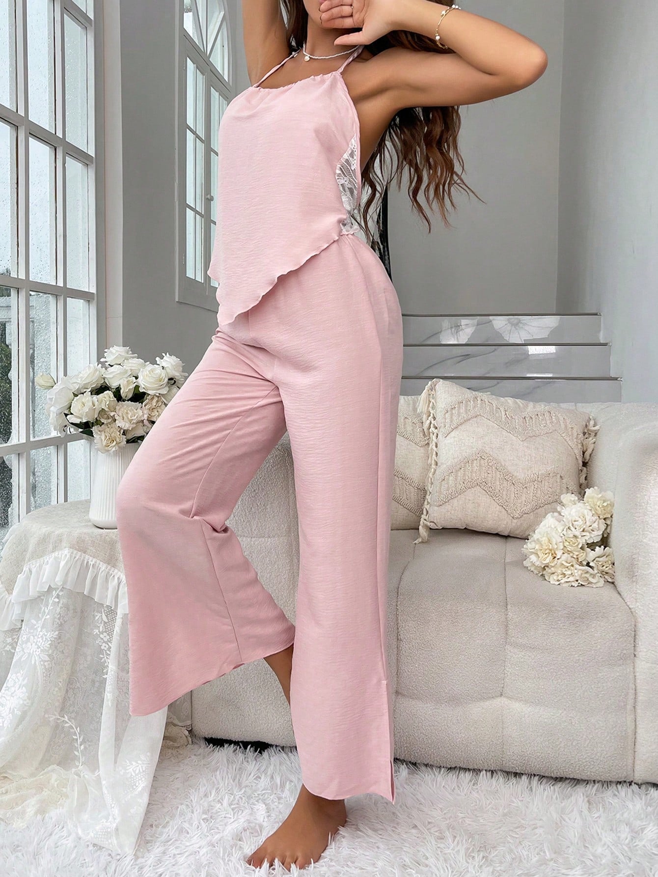 Tie Backless Halter Top & Split Hem Pants PJ Set
