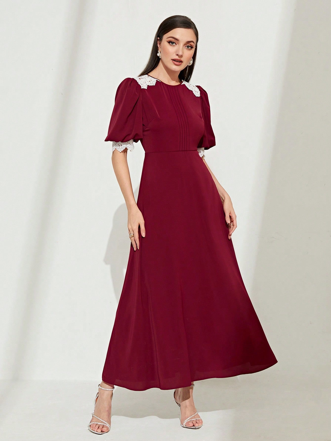 SHEIN Modely Contrast Lace Puff Sleeve A-Line Dress