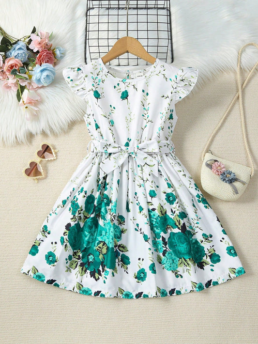 SHEIN Kids CHARMNG Young Girl Floral Print Ruffle Trim Belted Dress