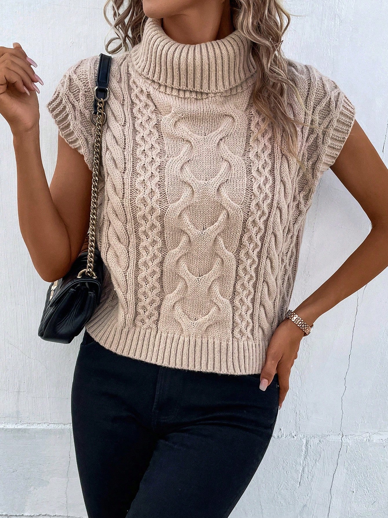 SHEIN Frenchy Turtleneck Cable Knit Sweater Vest