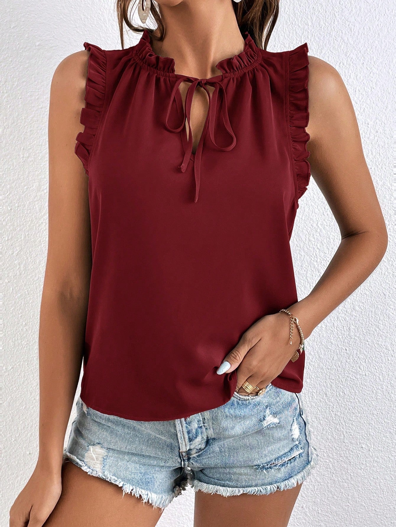 SHEIN Frenchy Tie Neck Ruffle Trim Blouse