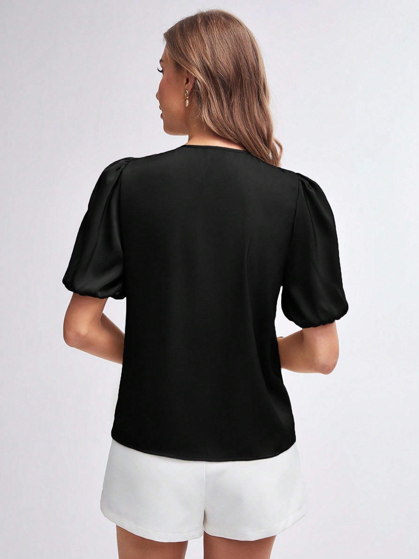 SHEIN Bizwear Keyhole Neck Puff Sleeve Blouse Workwear