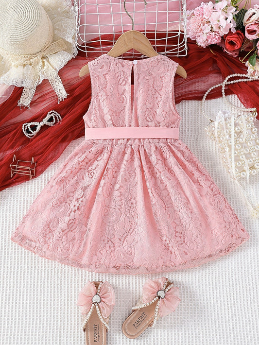 SHEIN Kids SUNSHNE Toddler Girls Lace Overlay Keyhole Back Dress