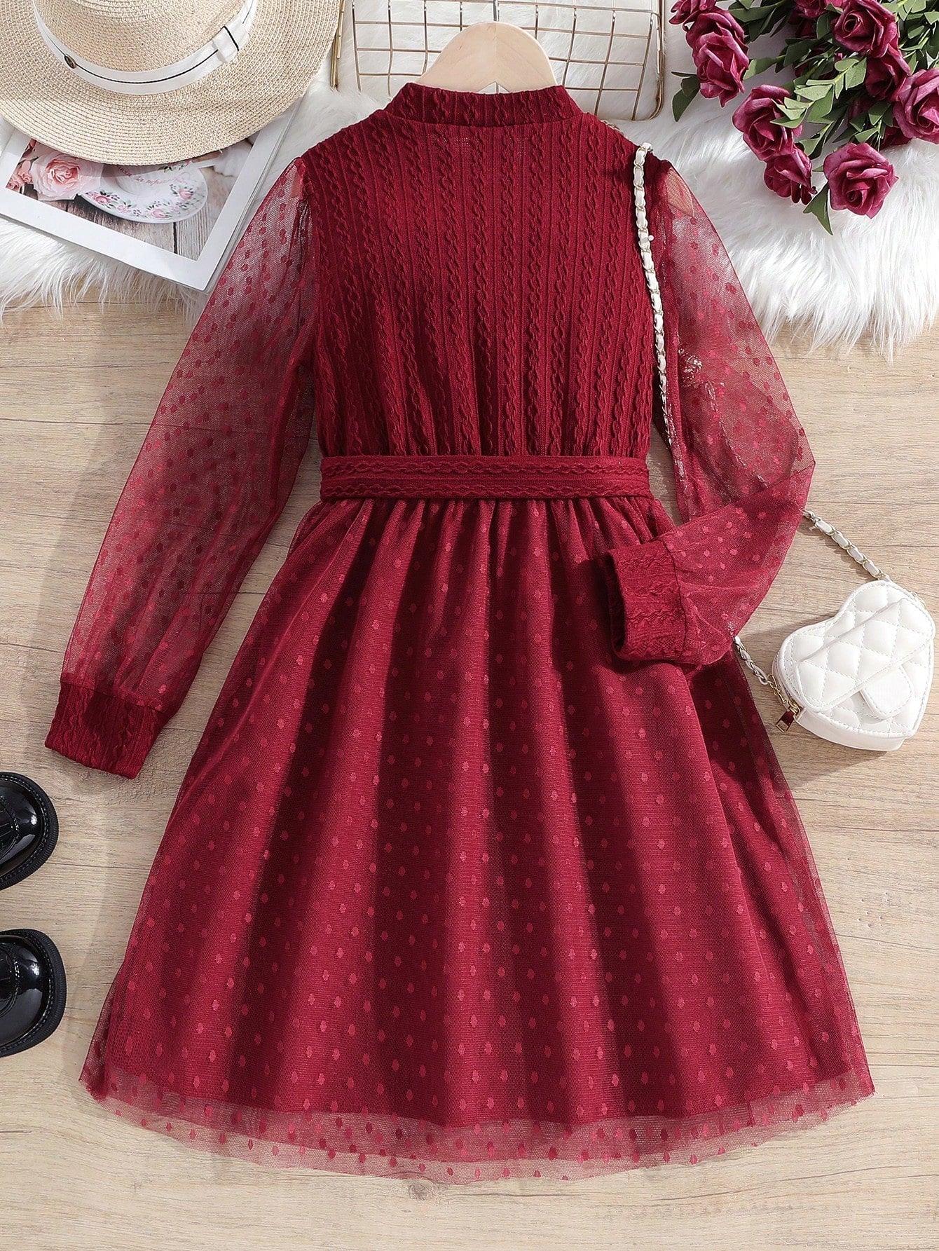SHEIN Kids CHARMNG Tween Girl Contrast Mesh Mock Neck Belted Dress