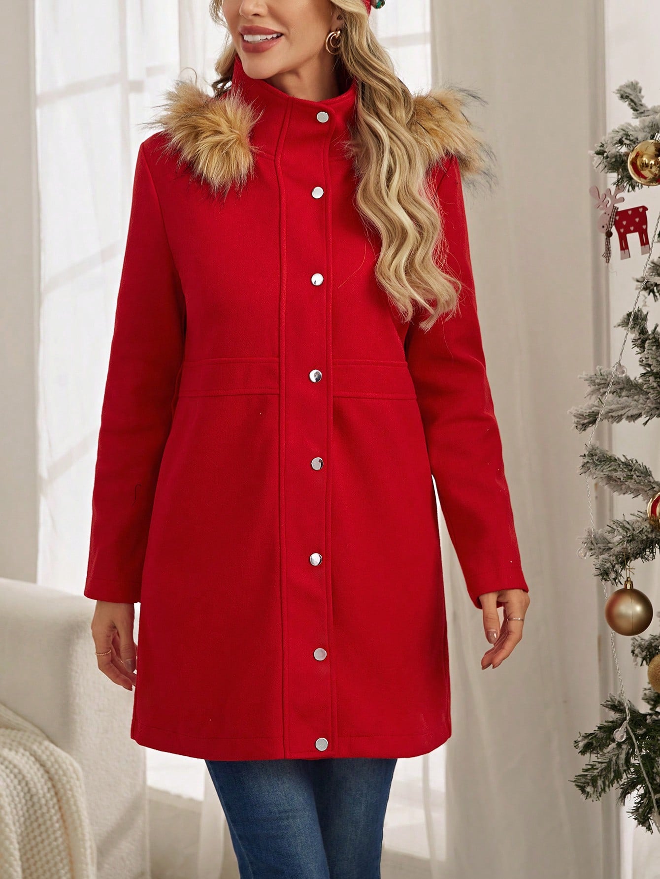 EMERY ROSE Fuzzy Trim Hooded Button Front Overcoat