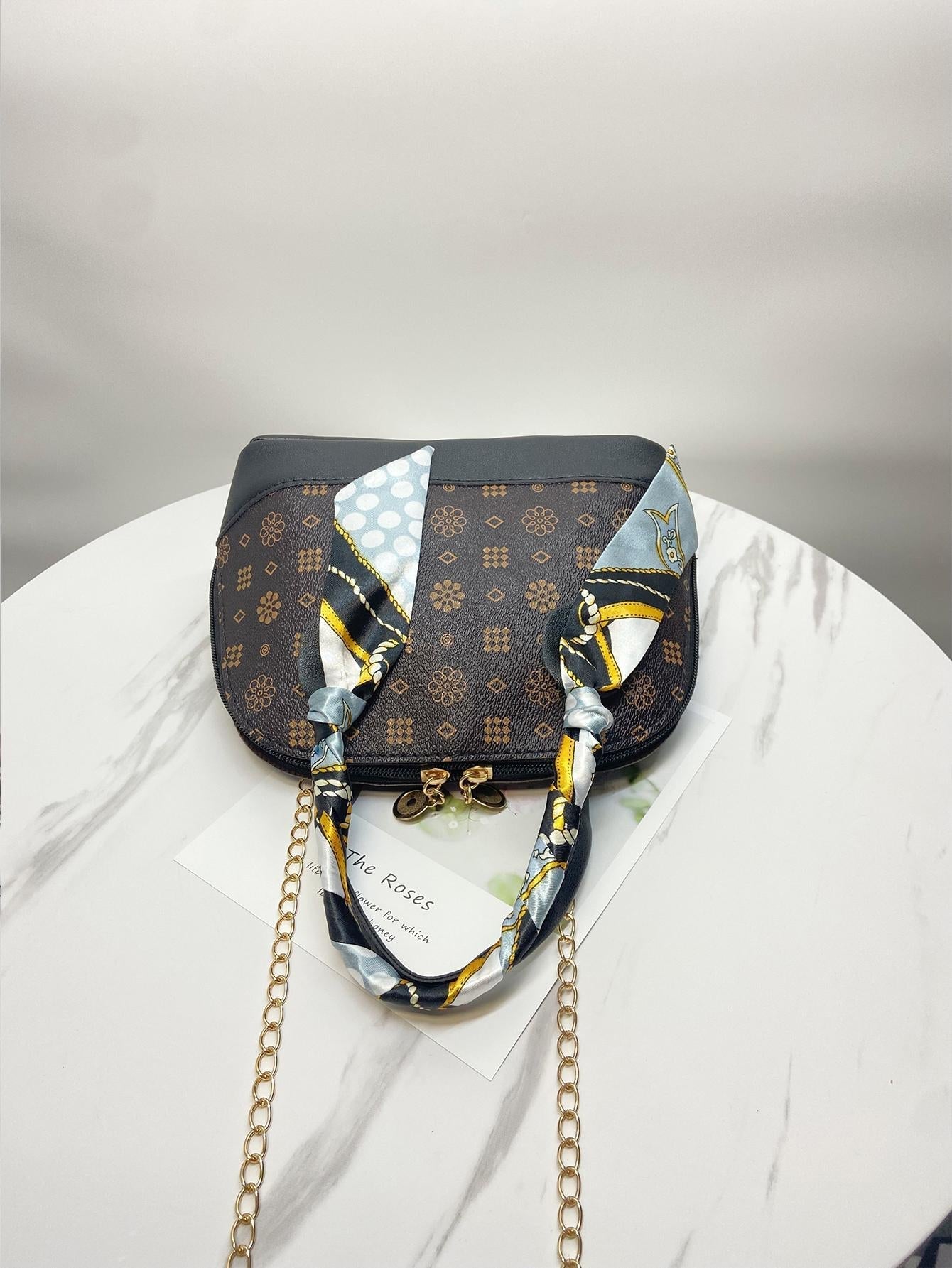 1Pc Mini Geometric Print Handbag with Coffee Scarf Handle and Chain Strap