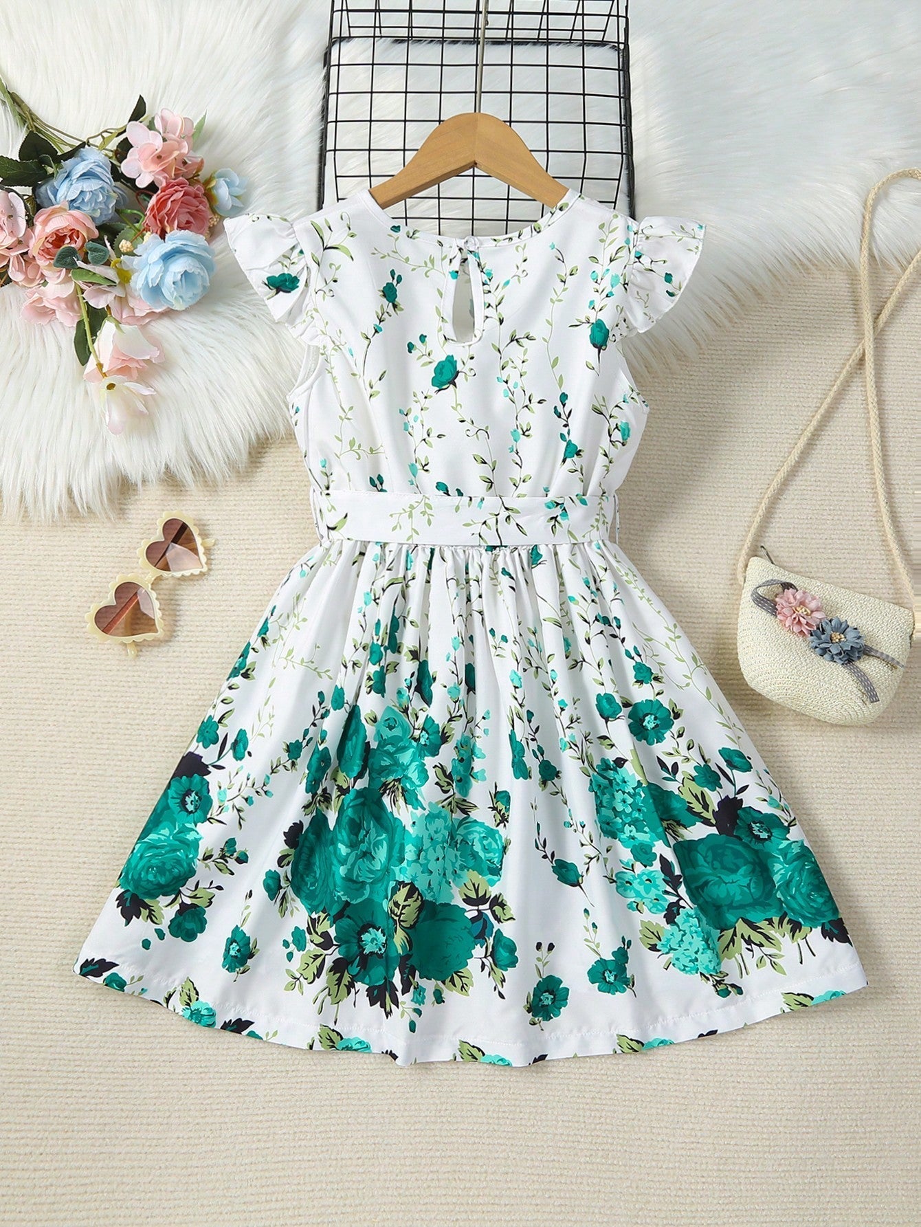 SHEIN Kids CHARMNG Young Girl Floral Print Ruffle Trim Belted Dress