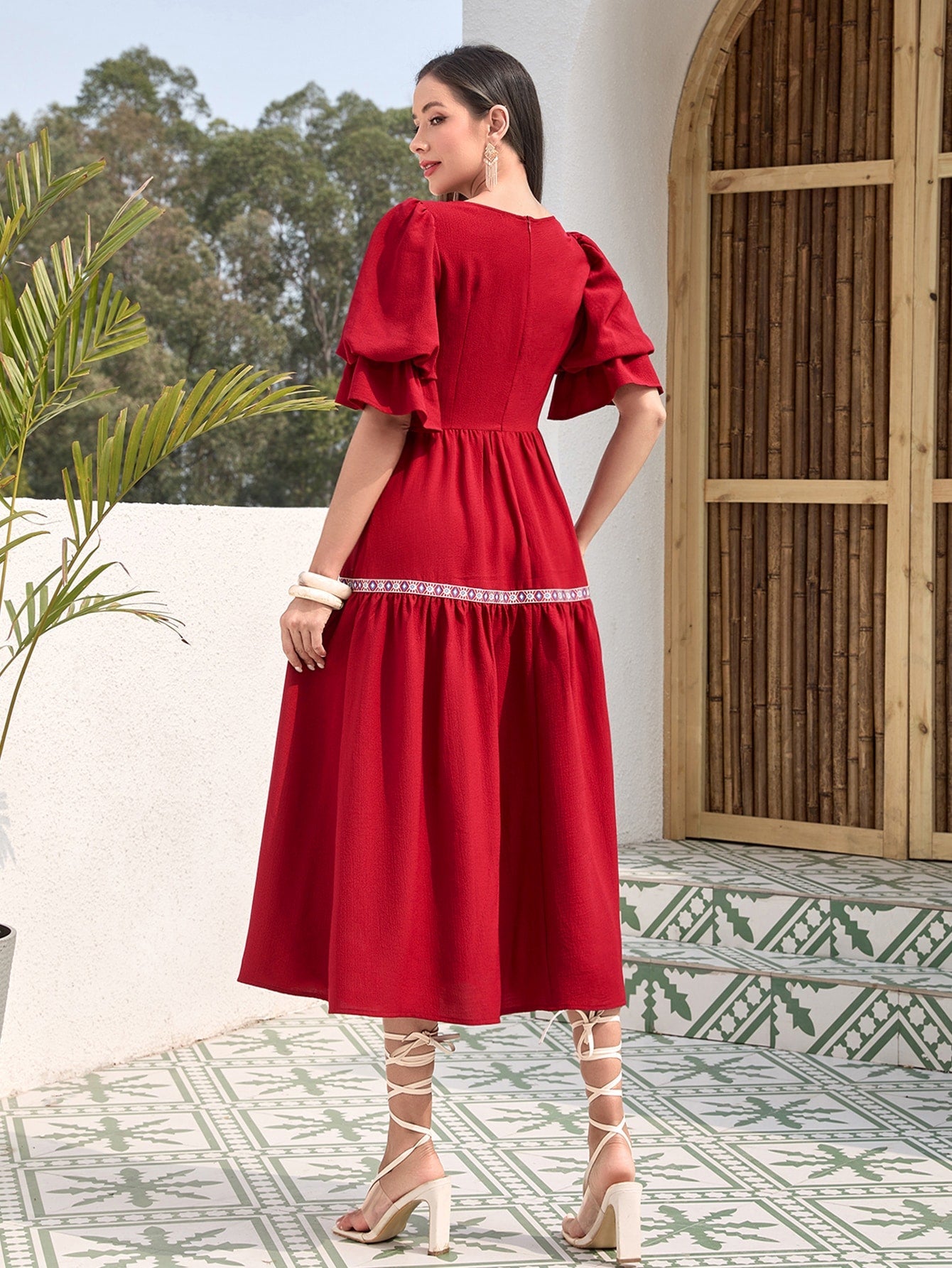 SHEIN Mulvari Square Neck Flounce Sleeve Ruffle Hem Dress