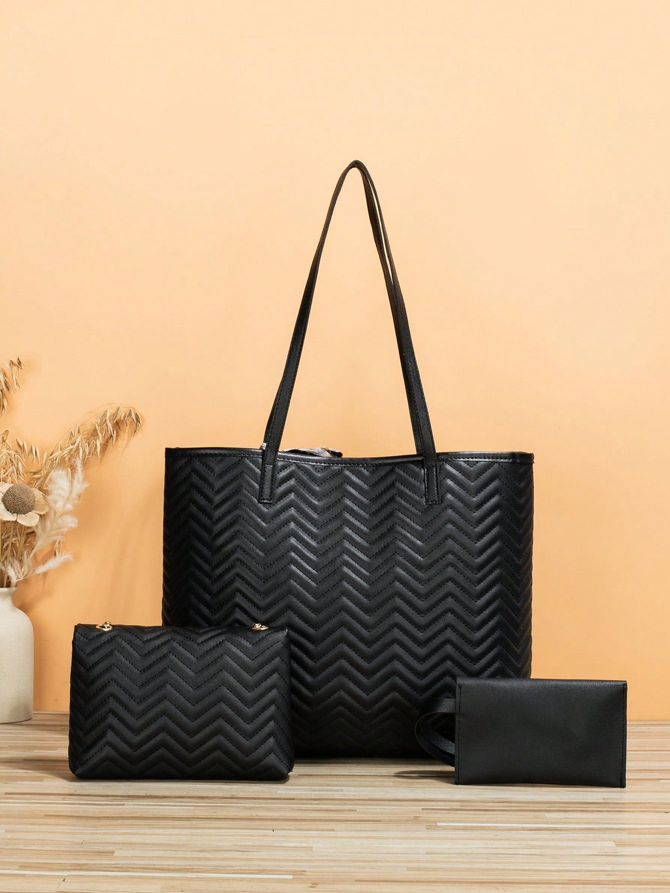 3Pcs Bag Set Shoulder Tote Crossbody Bag Purse Wallet PU Chevron Twilly Scarf Decor Fashionable, Best Work Bag for Women