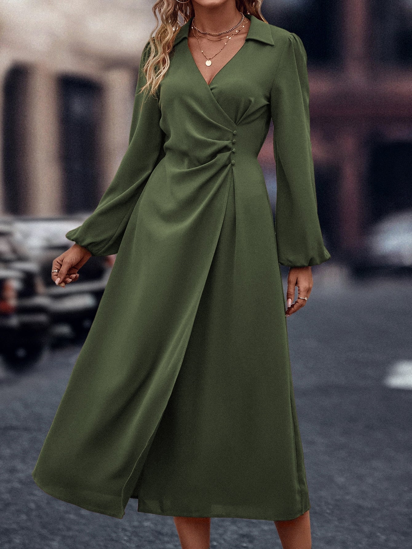 SHEIN LUNE Solid Ruched Bishop Sleeve Dress