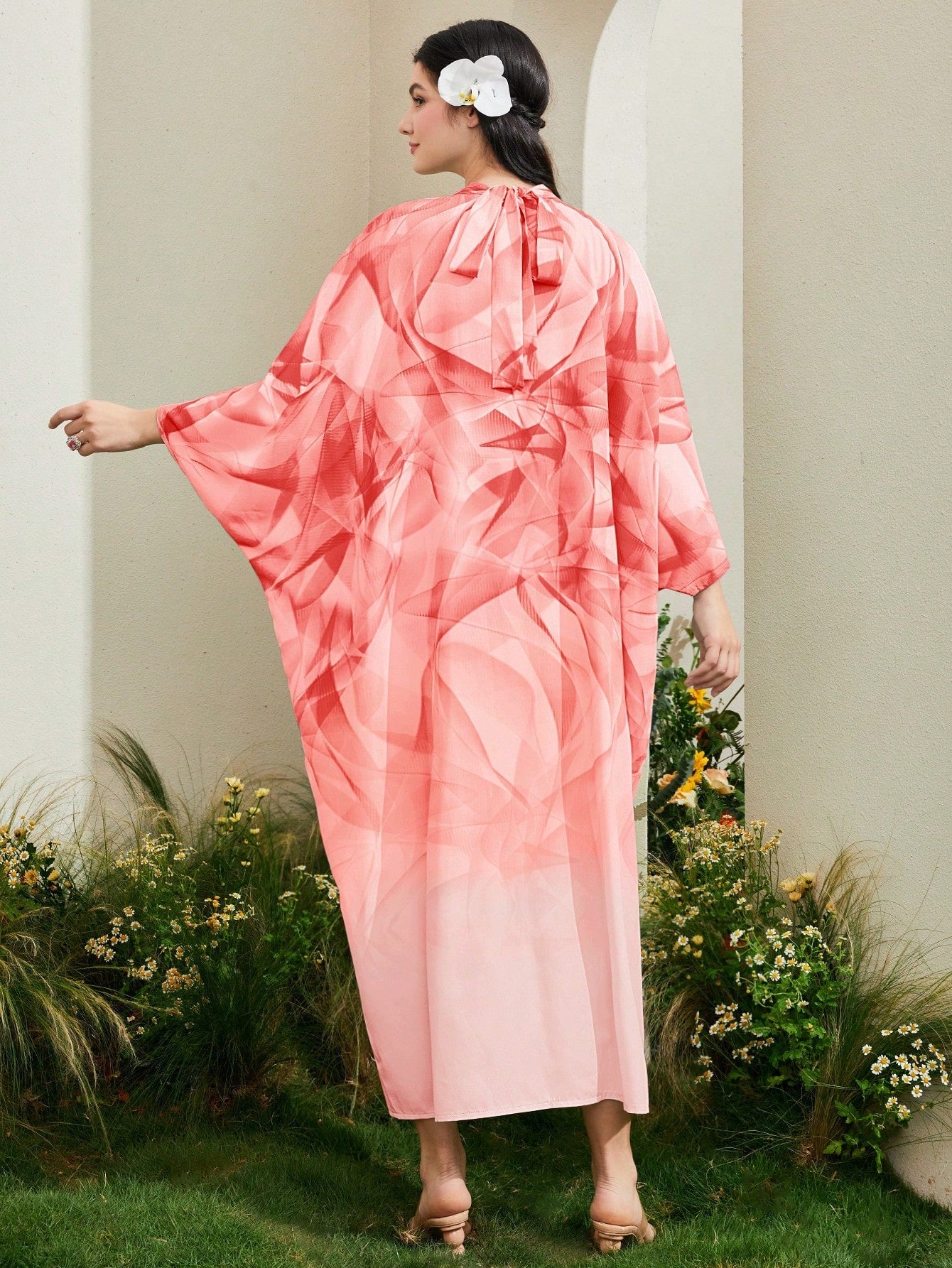 SHEIN Najma Turkish Style Stand Collar Batwing Sleeve Long Shirt