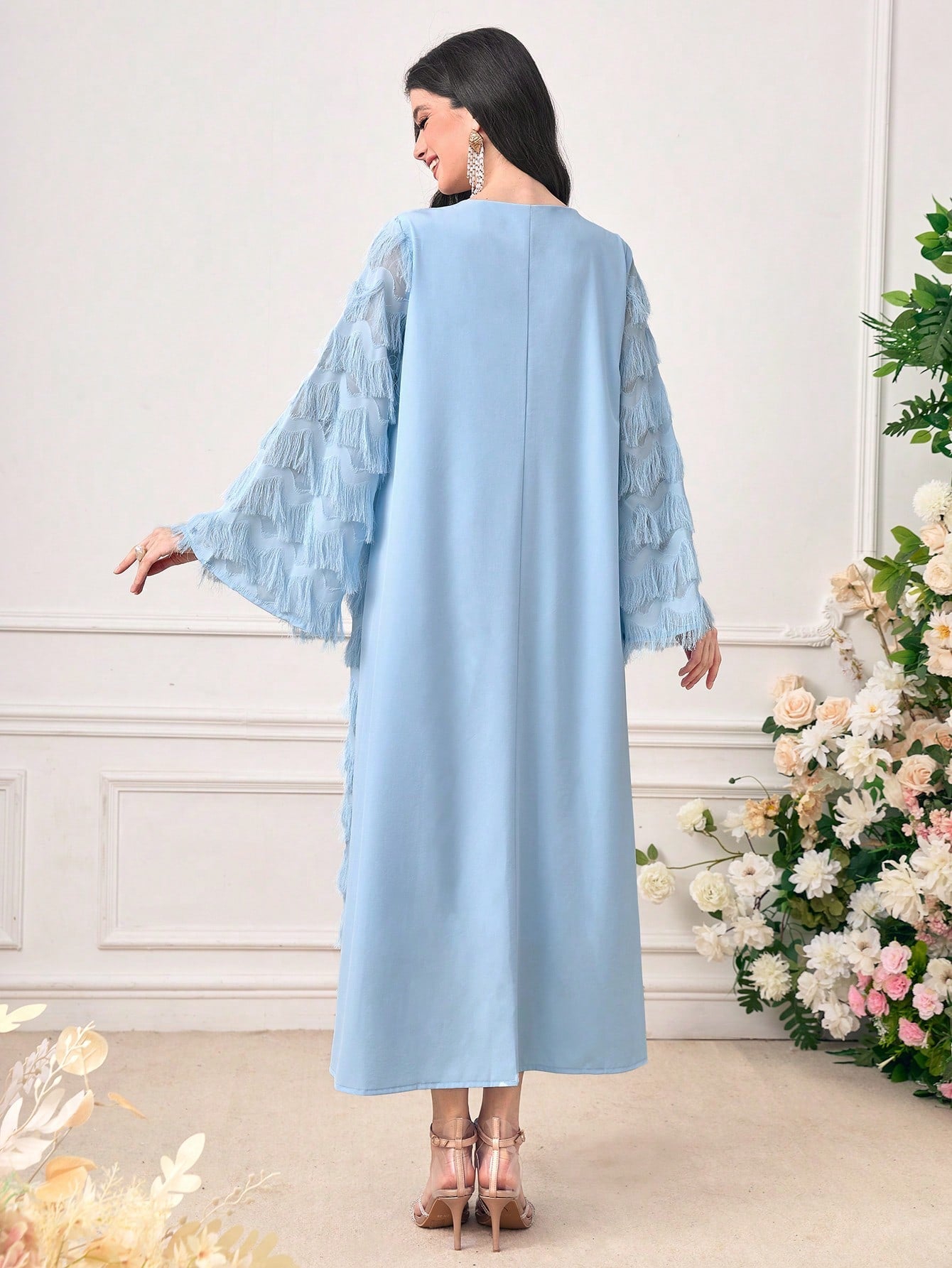 SHEIN Najma Solid Flounce Sleeve Fuzzy Dress