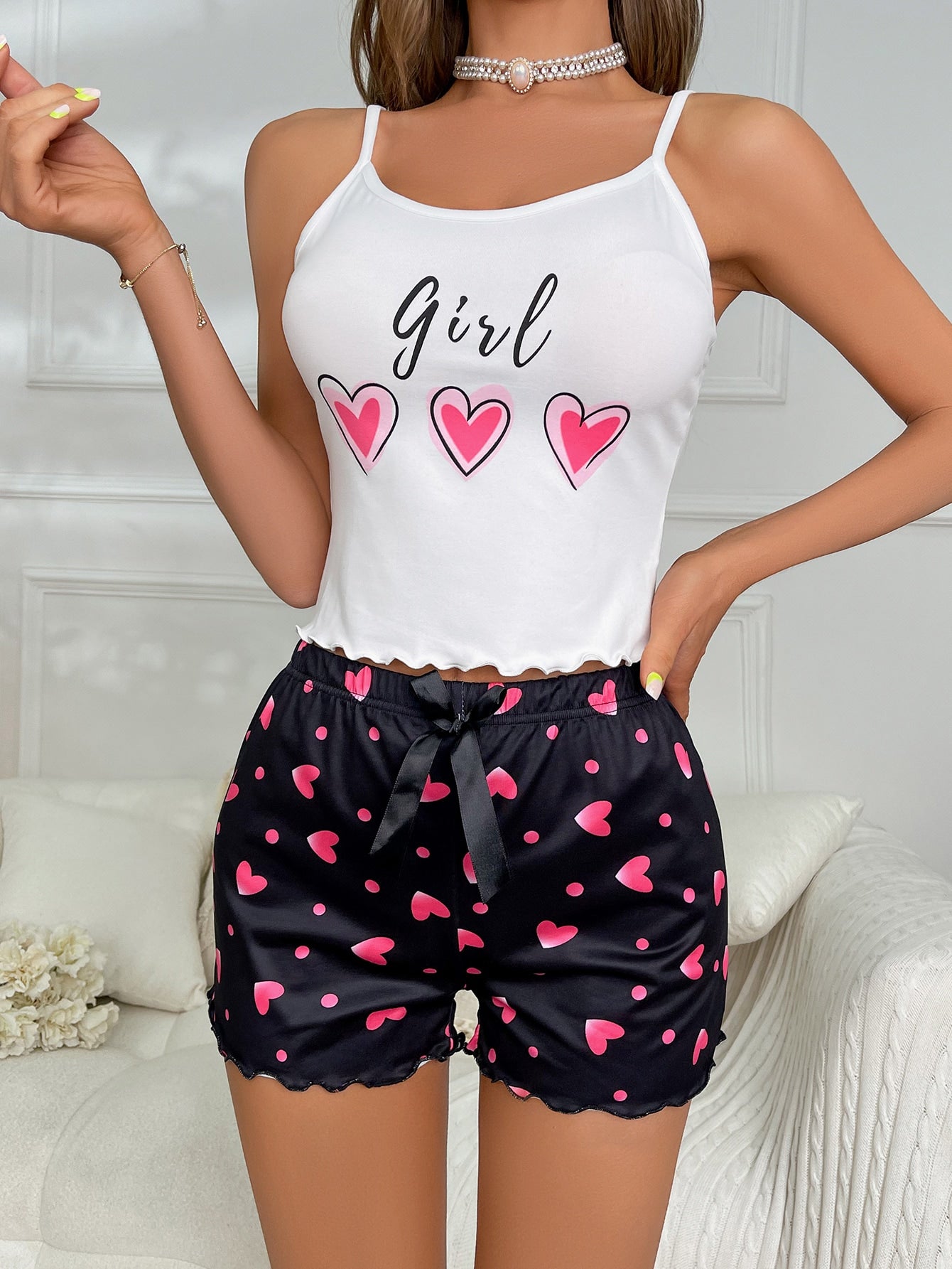 Heart & Letter Graphic Cami Top & Heart Print Bow Front Shorts PJ Set