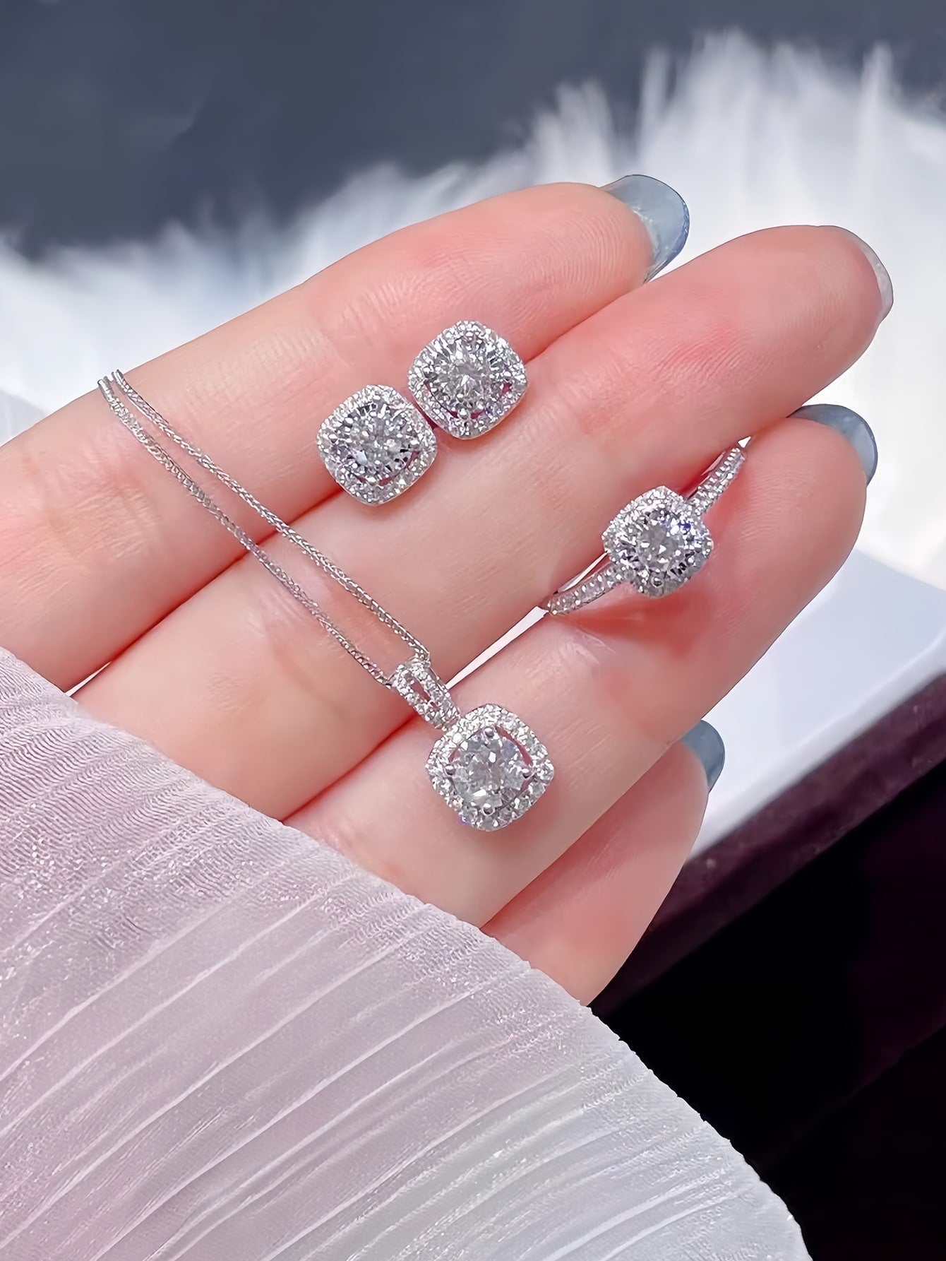 4Pcs/Set Luxury Square Shape Rhinestone Inlaid Necklace, Earrings, Ring Set, Suitable for Party & Formal Dress Accessory