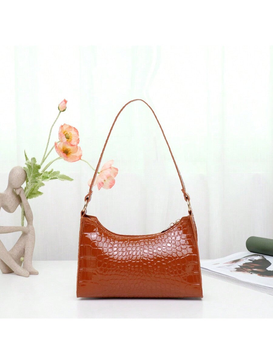 1 Piece Fashionable Crocodile Pattern Women'S Shoulder Bag, Simple Classic Stone Pattern Waterproof PU Leather Armpit Bag, Women'S Trendy Multi-Functional Casual Handbag Mobile Phone Bag Cosmetic Bag Wallet