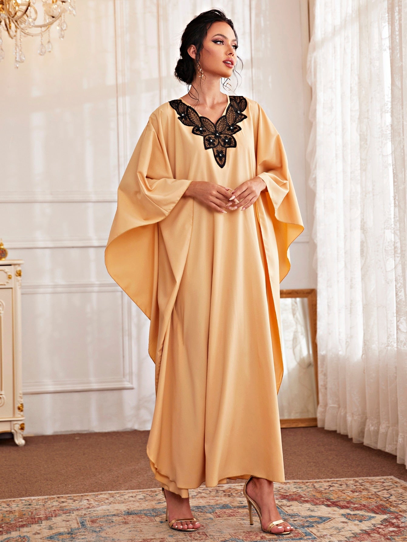 SHEIN Najma Contrast Lace Belted Kaftan Dress