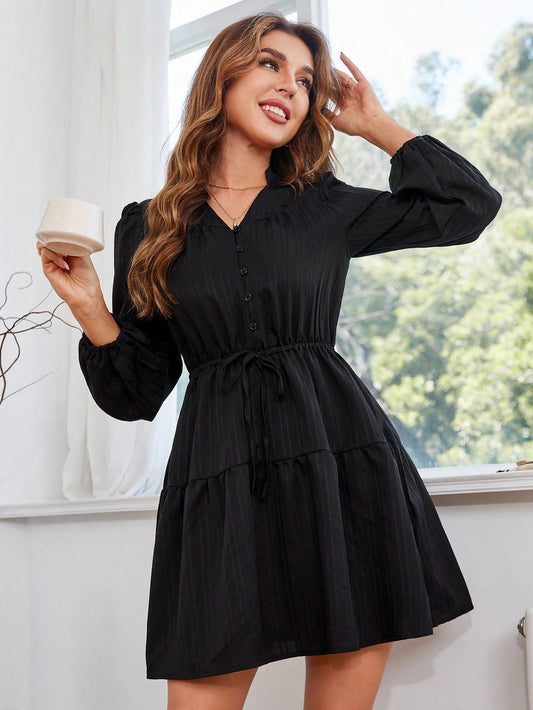 SHEIN Privé Lantern Sleeve Drawstring Waist Ruffle Hem Dress