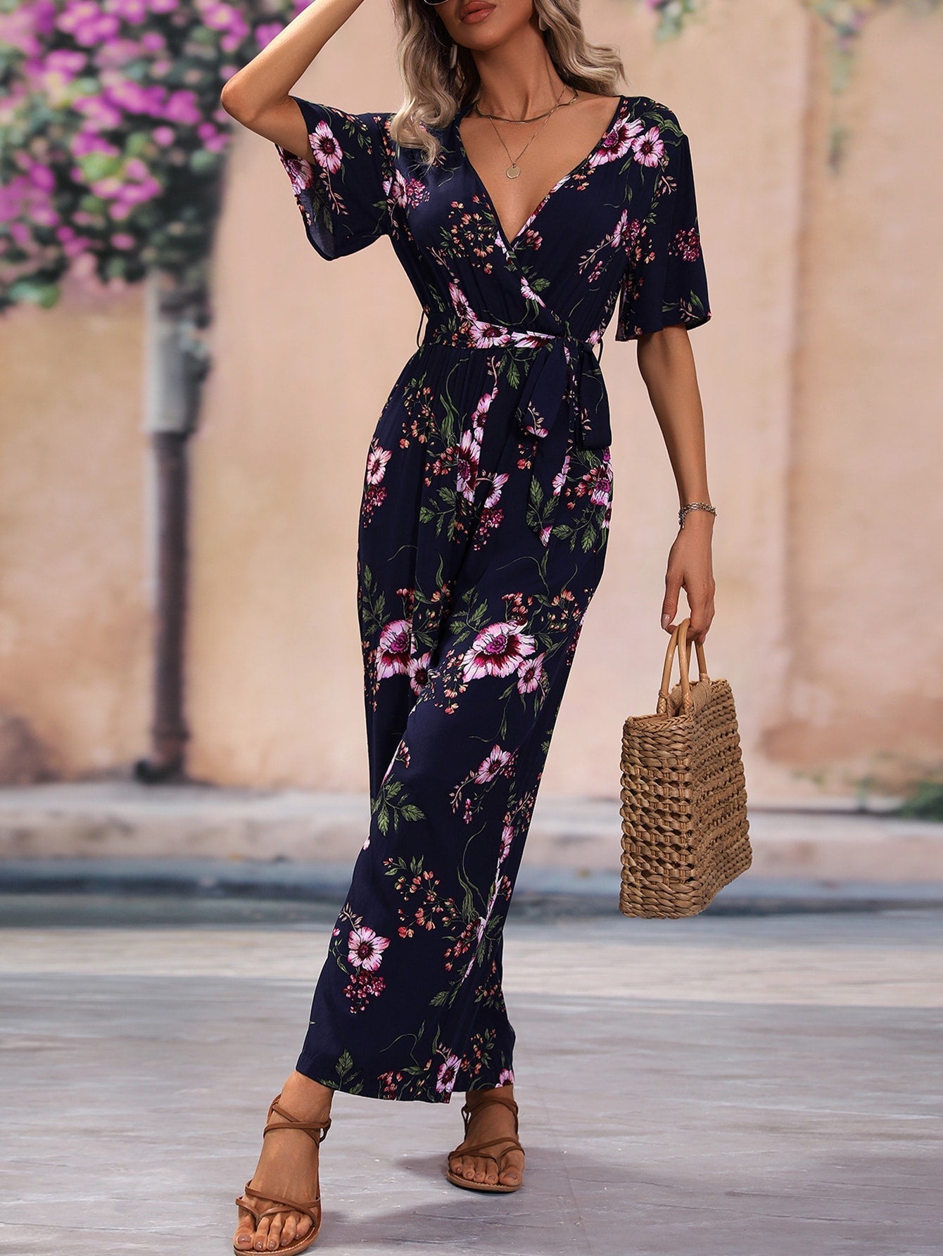 SHEIN VCAY Floral Print Surplice Neck Belted Jumpsuit