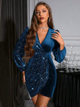 SHEIN Belle Surplice Neck Lantern Sleeve Wrap Hem Bodycon Dress