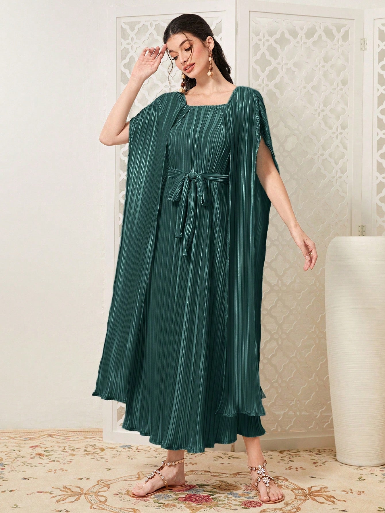 SHEIN Mulvari Solid Square Neck Belted Dress