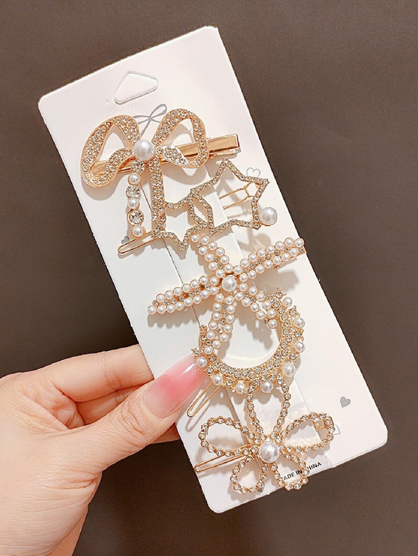5Pcs Women Faux Pearl Starfish & Rhinestone Flower Decor Glamorous Hair Clip for Girlfriend'S Gift