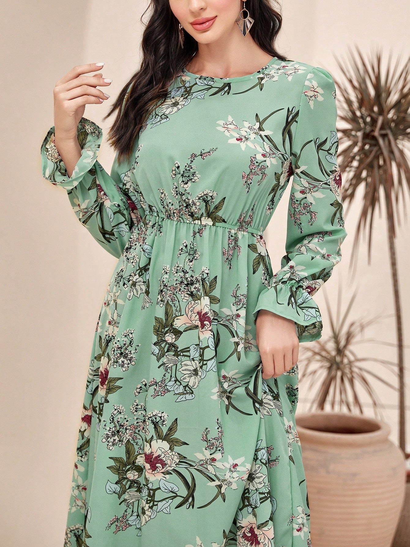 SHEIN Mulvari Floral Print Flounce Sleeve A-Line Dress