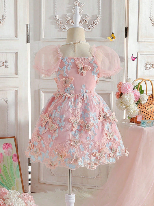 SHEIN Kids CHARMNG New Style Romantic & Gorgeous Puff Sleeves Butterfly Embroidered Lace 3D Flower Mesh Princess Dress for Young Girls