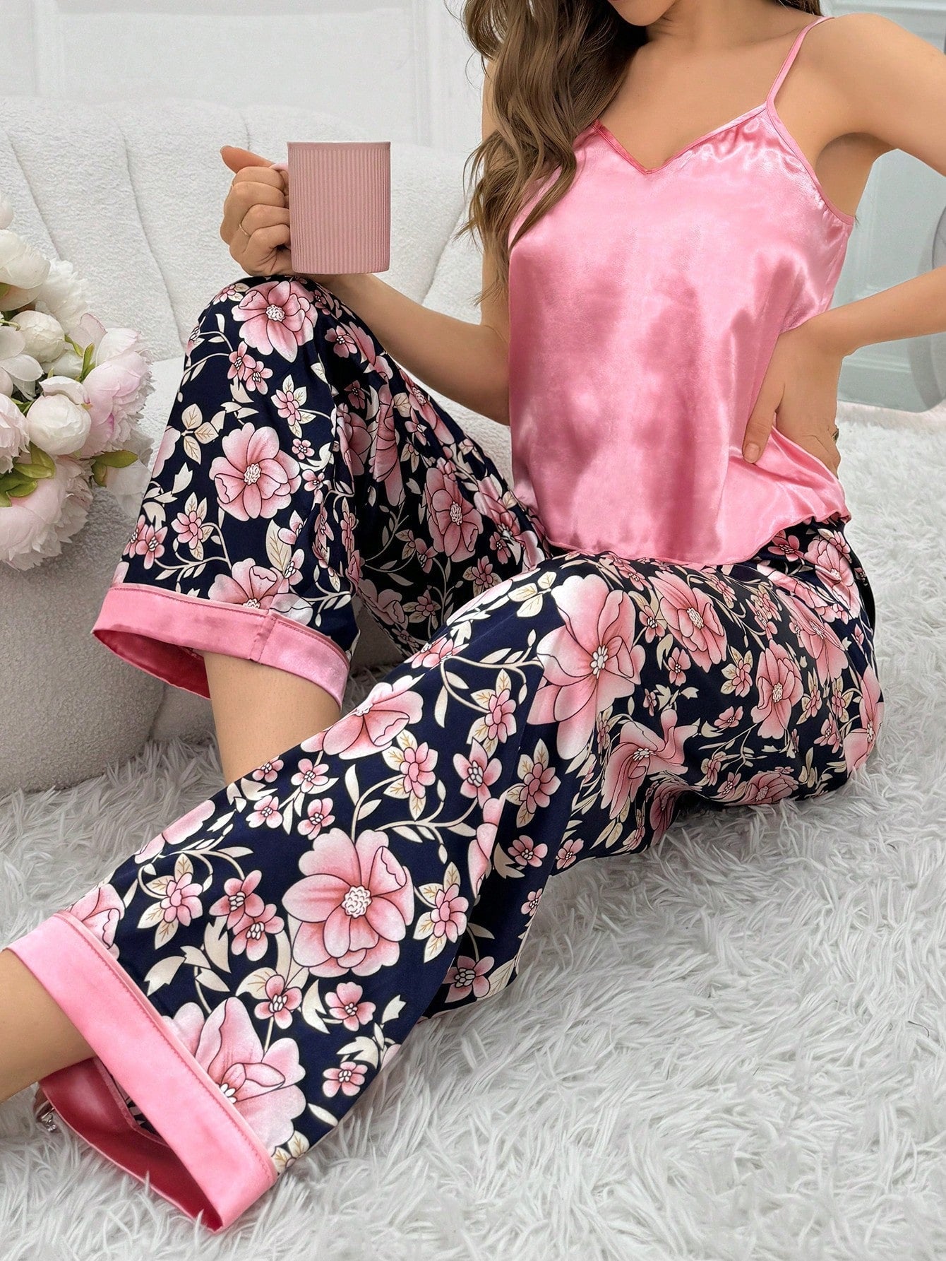 Solid Color Camisole and Flower Printed Wide Leg Pants Pj Set