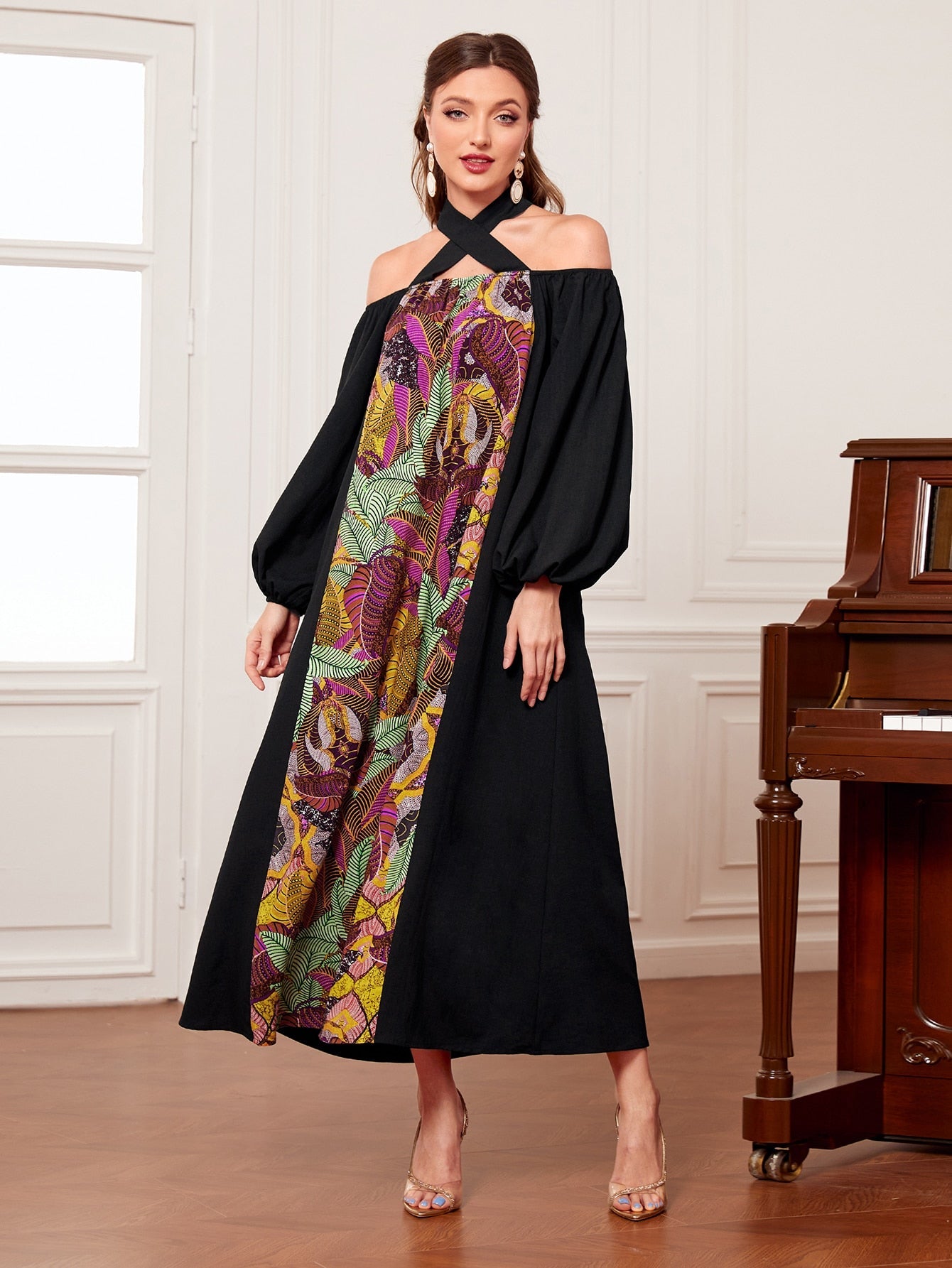 SHEIN Mulvari Leaves Print Criss Cross Halter Dress
