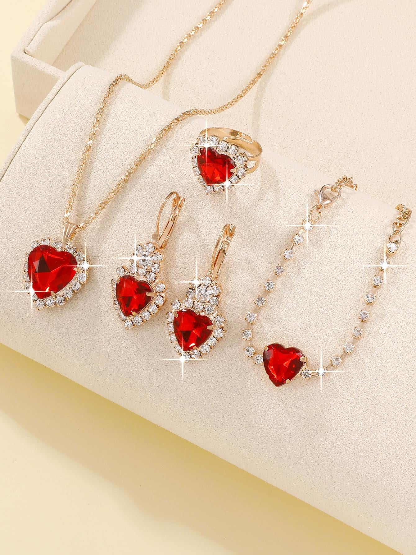 Rhinestone Heart Pendant Necklace & Drop Earrings & Ring & Bracelet