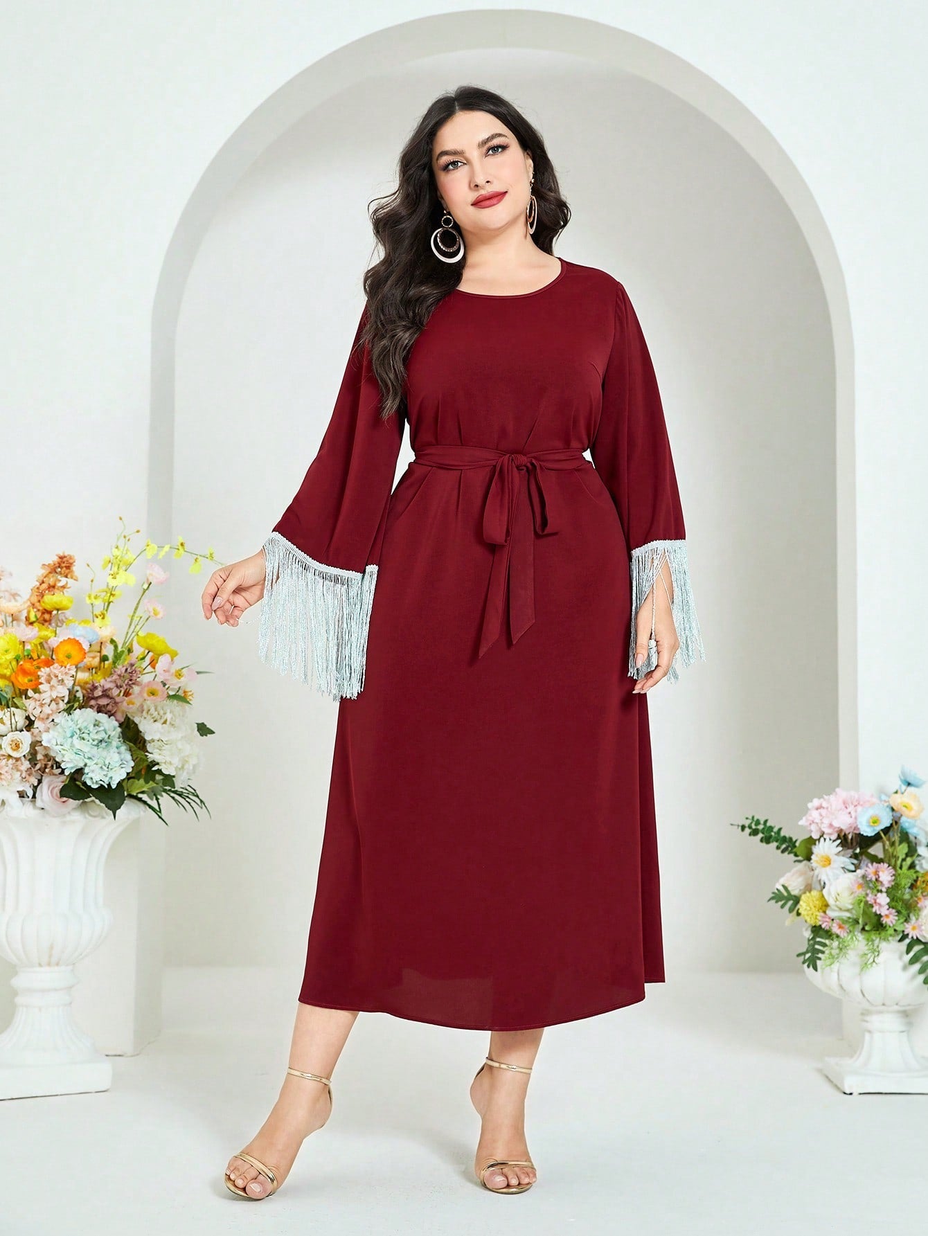 SHEIN Najma plus Fringe Trim Belted Dress