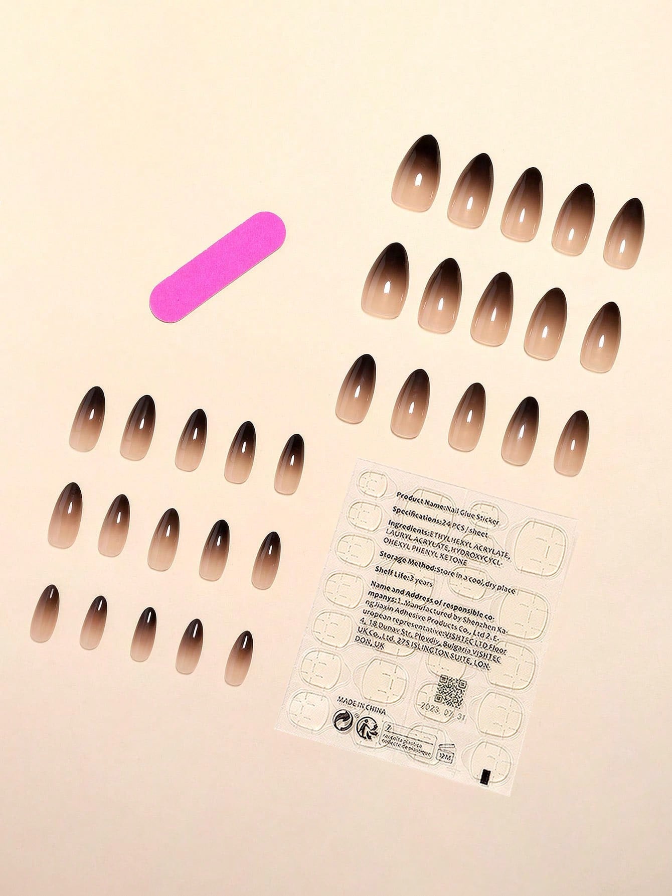 30Pcs Long Pointed Black Gradient Color False Nail Tips + 1Pc Buffer Block + 1Pc Jelly Gel