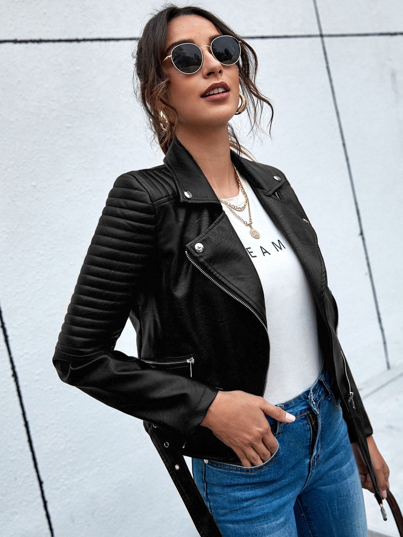 SHEIN Essnce Lapel Collar Belted Zip up PU Moto Jacket