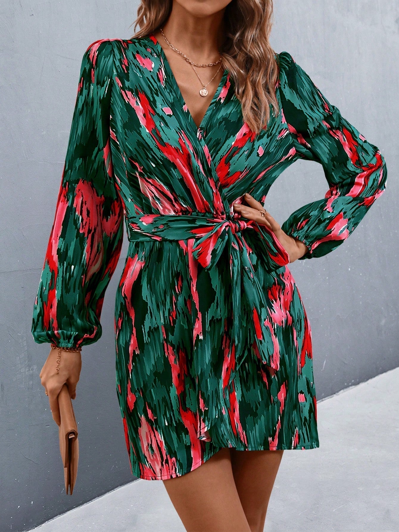 SHEIN LUNE Allover Print Lantern Sleeve Belted Wrap Dress