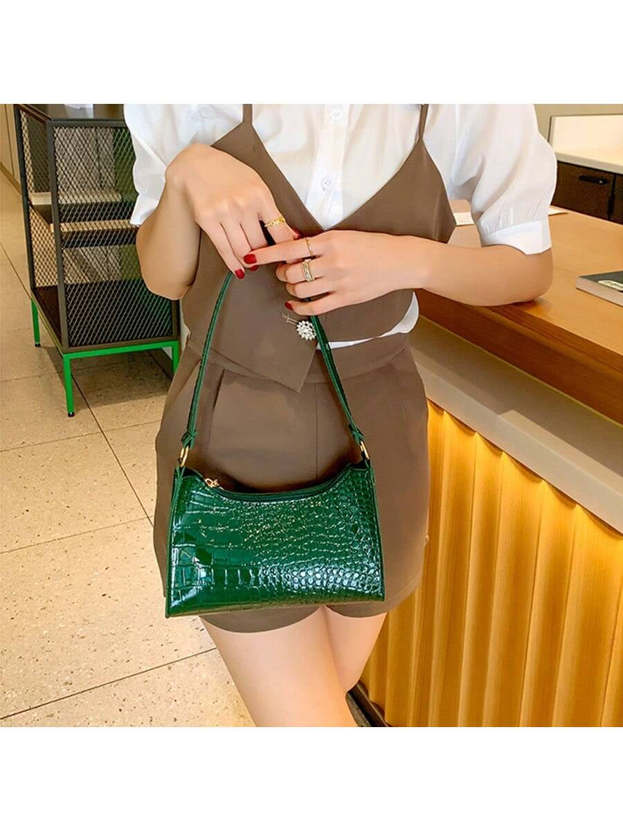 1 Piece Fashionable Crocodile Pattern Women'S Shoulder Bag, Simple Classic Stone Pattern Waterproof PU Leather Armpit Bag, Women'S Trendy Multi-Functional Casual Handbag Mobile Phone Bag Cosmetic Bag Wallet