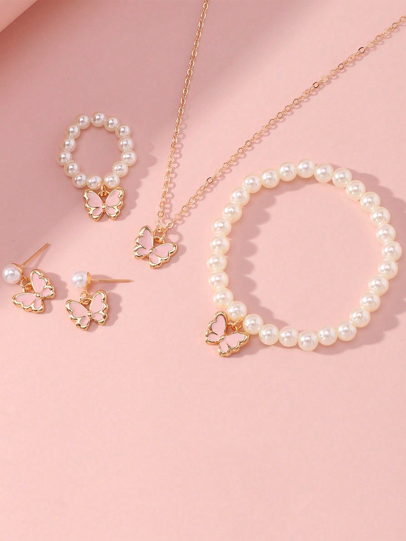 5Pcs/Set Butterfly & Pearl Decor Necklace, Bracelet, Earrings and Ring Set