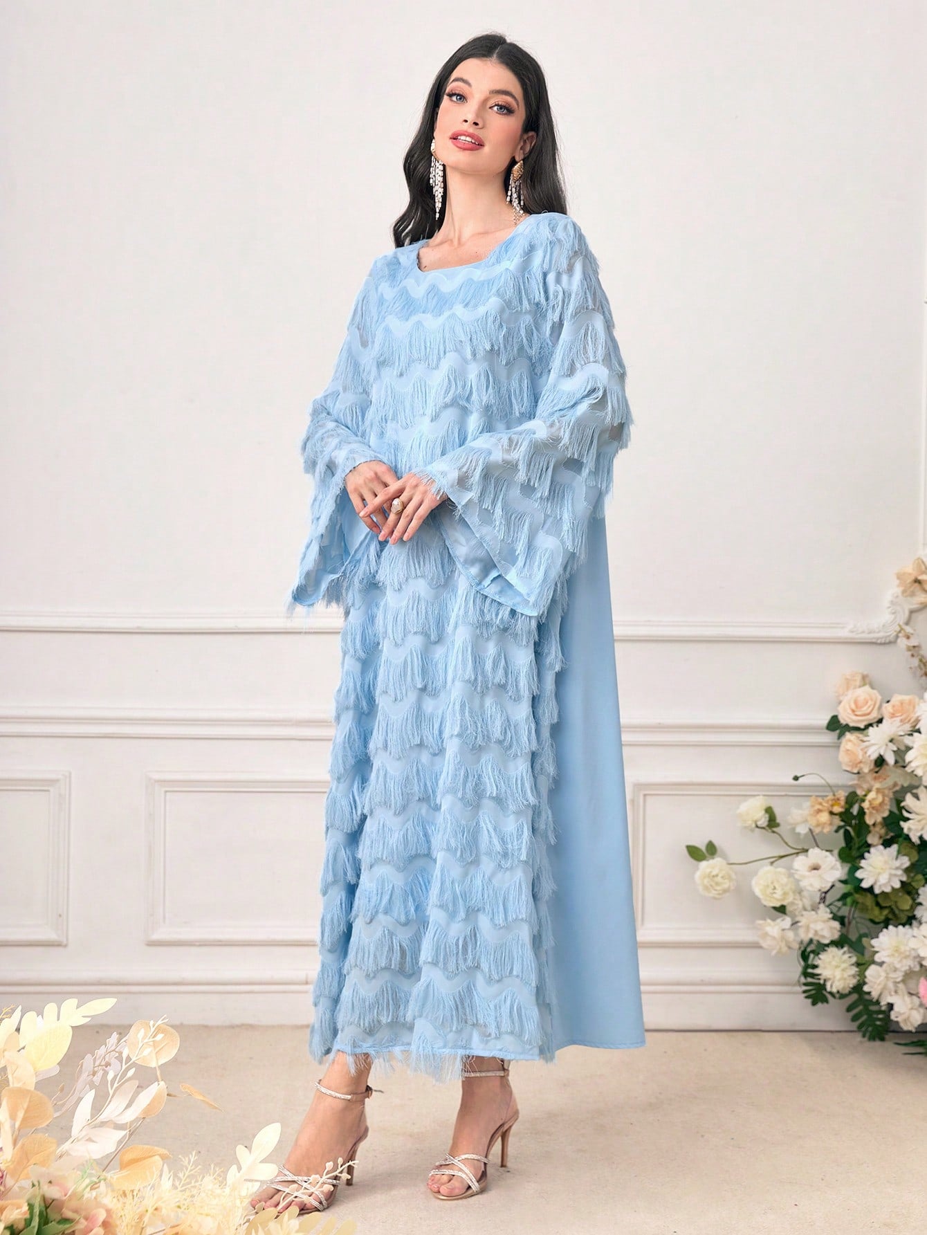 SHEIN Najma Solid Flounce Sleeve Fuzzy Dress