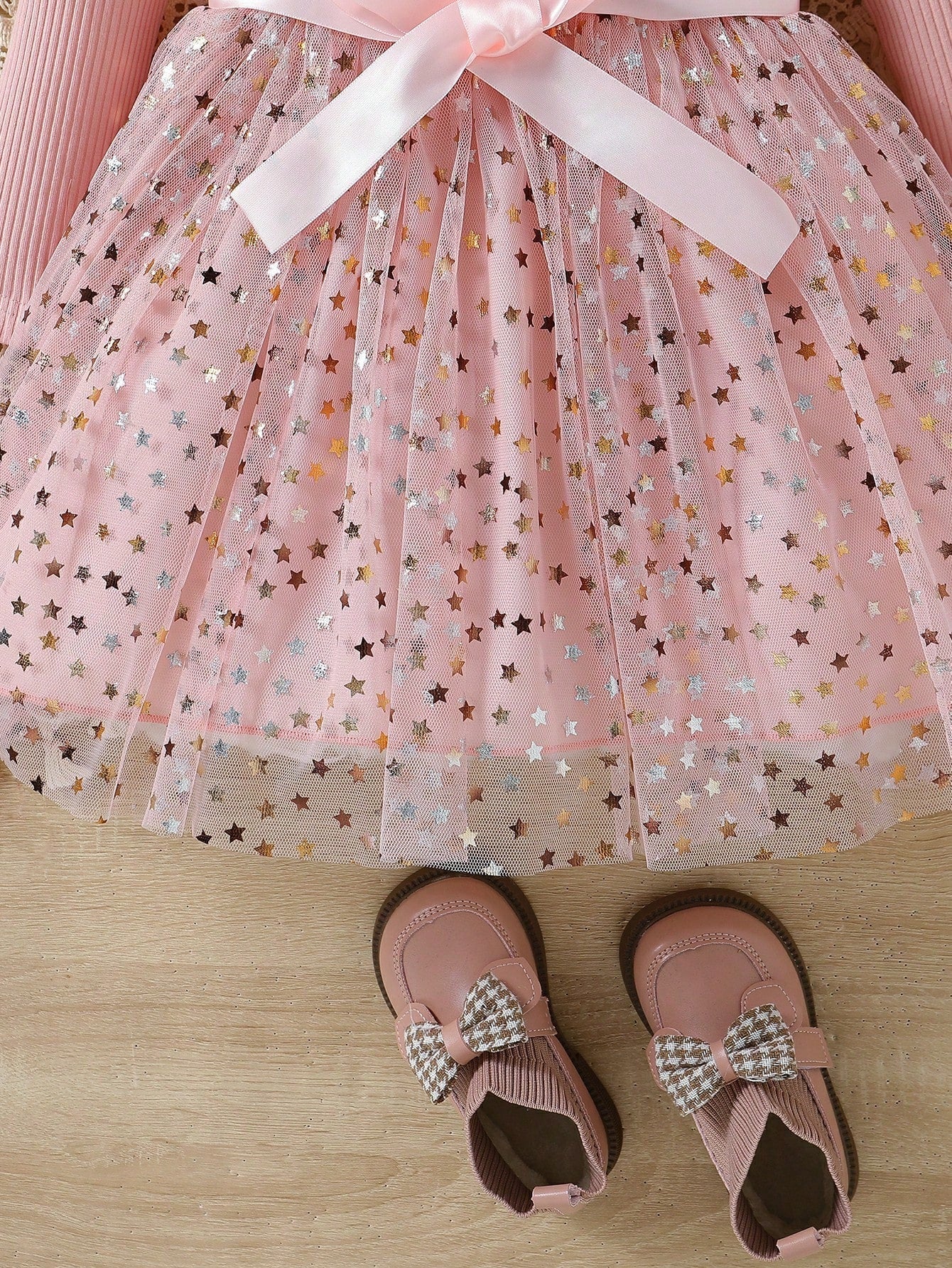Little Girl'S Knitted Long-Sleeved Tutu Skirt Star Mesh Princess Dress