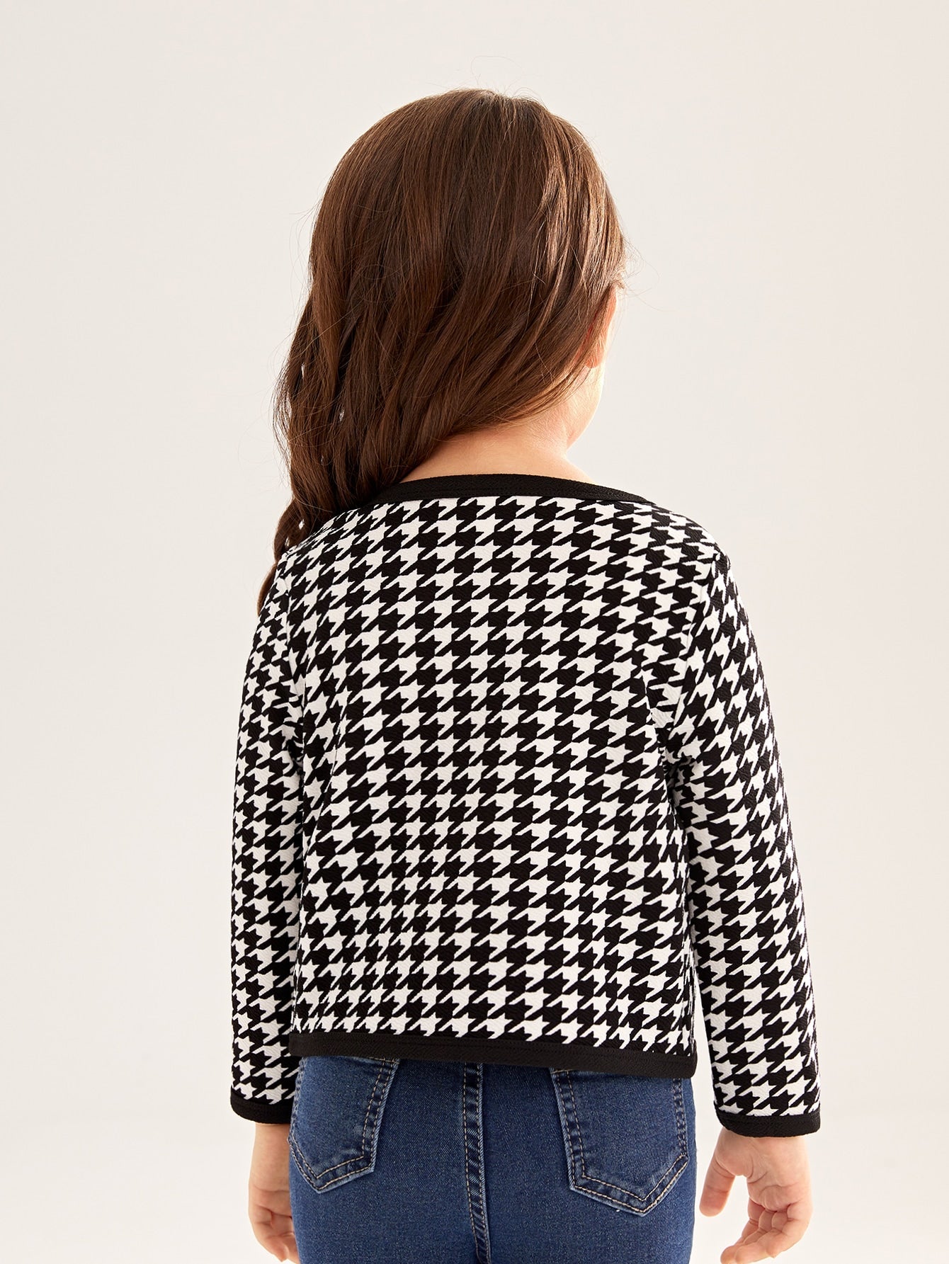 SHEIN Kids FANZEY Young Girl Houndstooth Print Contrast Binding Open Front Jacket