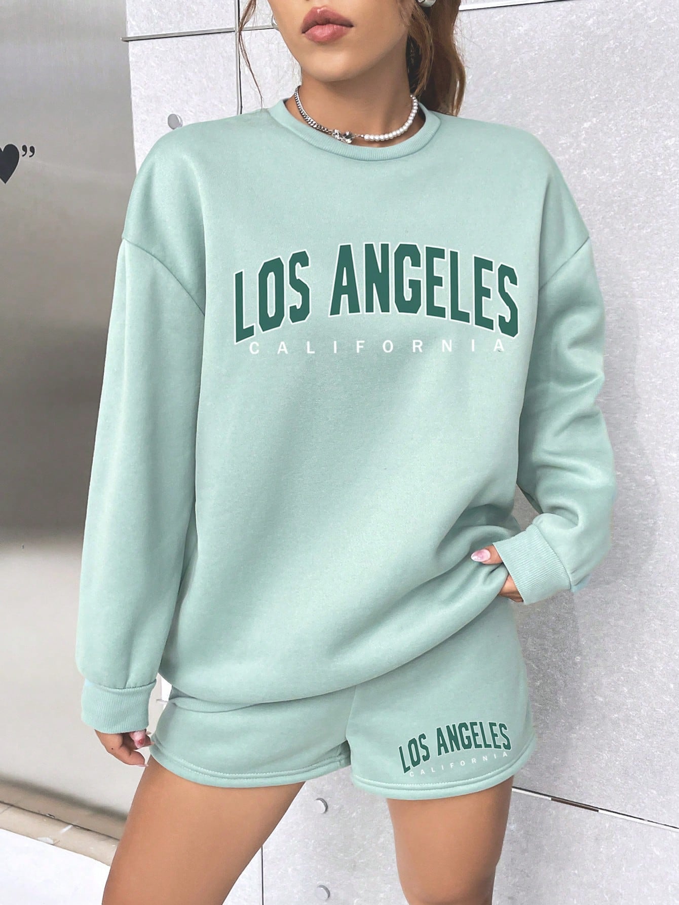 Letter Graphic Drop Shoulder Sweatshirt & Shorts