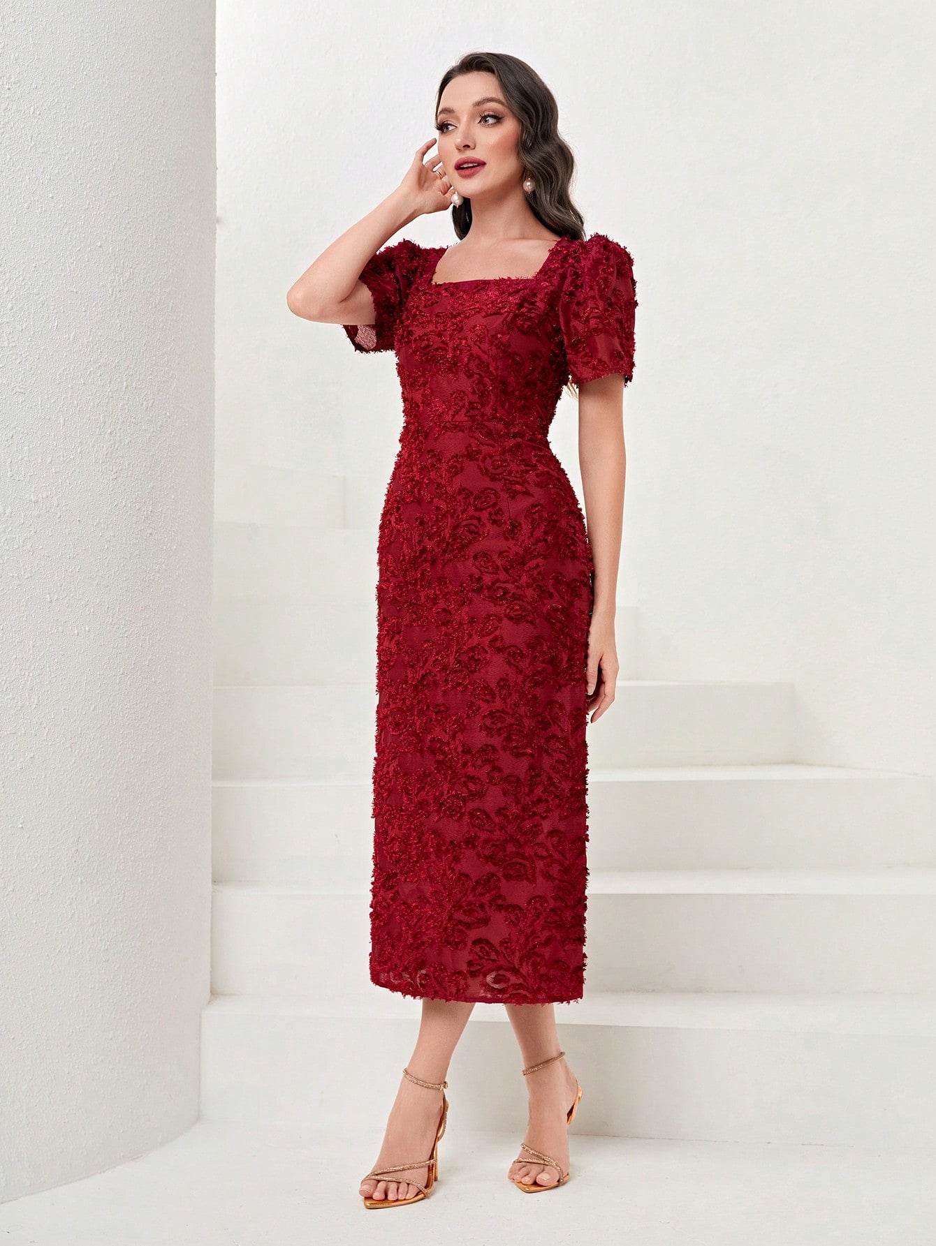 SHEIN Modely Square Neck Puff Sleeve Fitted Dress without Belt