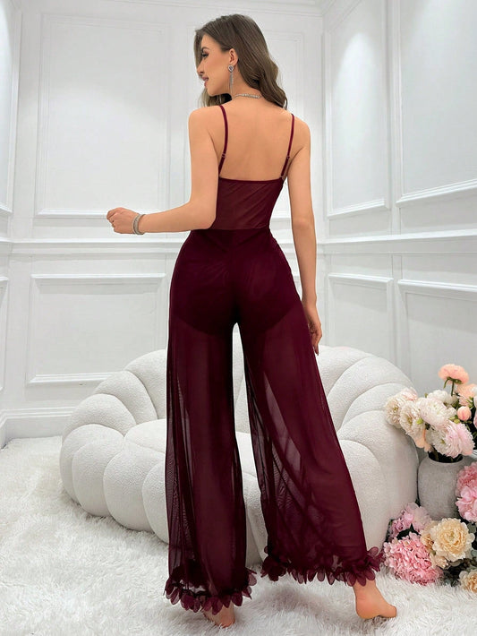 Lace Detailing Hollow Out Mesh Cami Jumpsuit